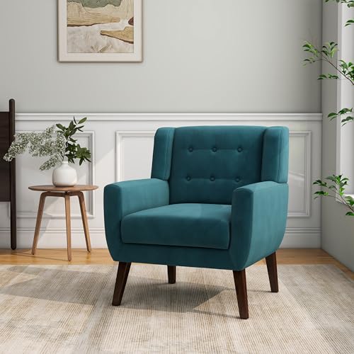 Accent Chair, Mid-Century Modern Velvet Fabric Chairs with Arms for Living Room, Comfy Upholstered Club Single Sofa Armchair for Bedroom Waiting Room with Solid Wood Frame (Velvet Blue, Set of 1)