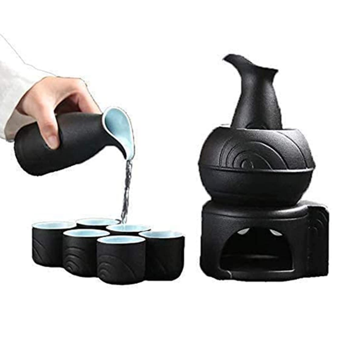 Juego de sake japonés de cerámica artesanal: juego de 9 piezas con olla térmica y estuche