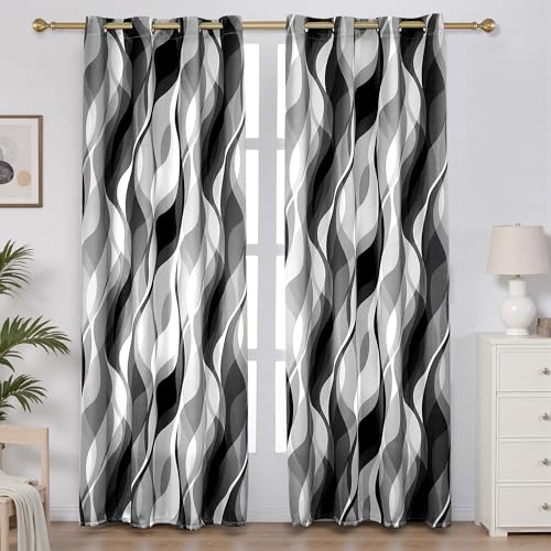 weesire Black and Grey Curtains Modern Striped Decorative 50% Light Blocking Darkening Grommet Grey Curtain for Living Room Villa, Bedroom Gray and White 2 Panels Set, 52x84 Inches