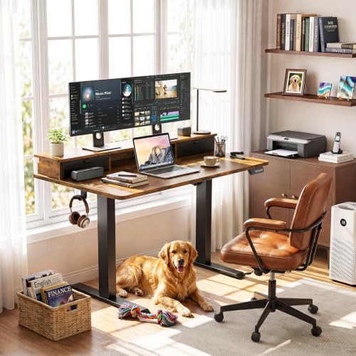 Image of Veken 47x28 in Electric Standing Desk with Drawers, Adjustable Table, Brown | Stand up Computer Desk for Home Office, Work & Study, with Storage, 3 Memory Presets, Cable Organizer, Hook, and Quiet Lift.