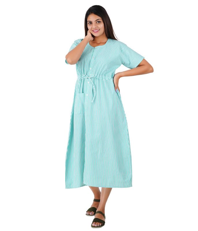 Image of Women's [L-4XL] Full Open /Front Buttoned [a kind of Adaptive Clothing]Multipurpose Nighty for Maternity /Pregnancy /Elderly /Patient /Feeding /Hospital Purpose Nighty(Green Stripes XXL / Calf Length