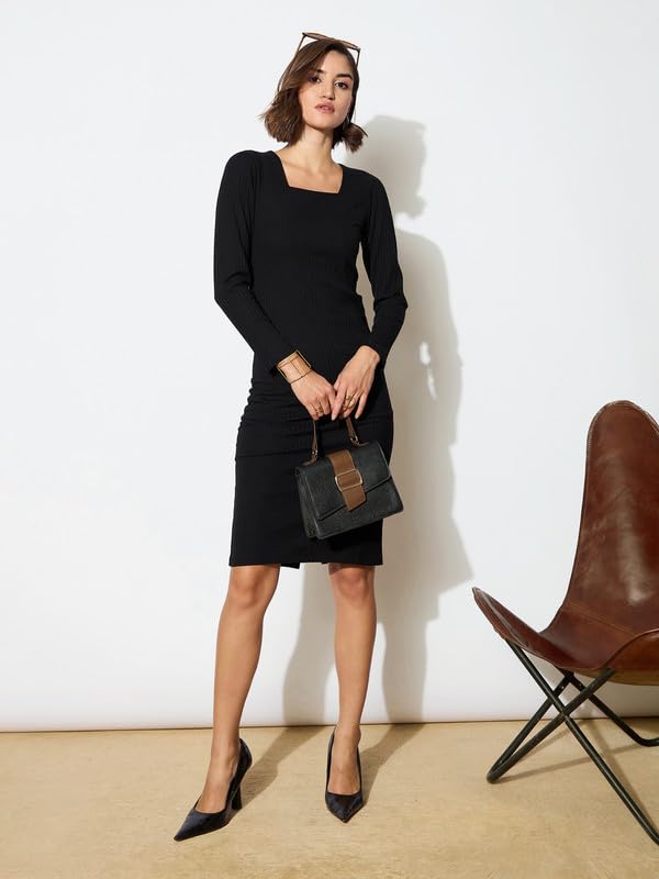 Image of barcino Black Rib Square Neck FS Midi Dress
