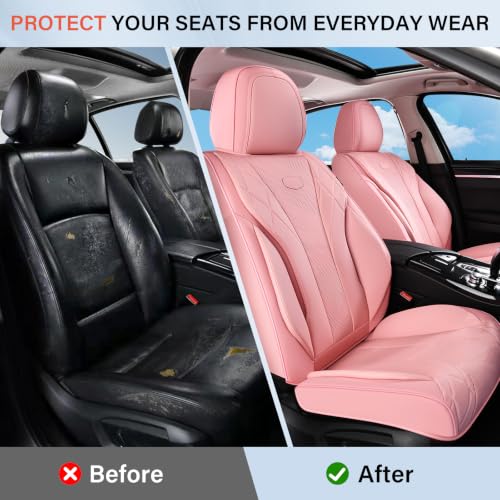 Image of Coverado Car Front Seat Covers, Automotive Seat Covers Nappa Leather Seats, 2 Pack Waterproof Car Seat Protectors for Most Cars SUV Trucks (Front,Pink)