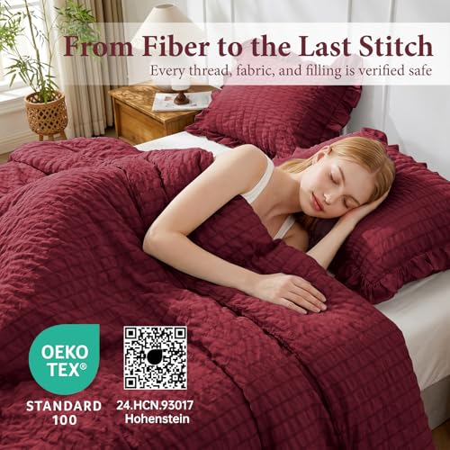 Image of JOLLYVOGUE King Size Comforter Set, 3 Pieces Burgundy Seersucker Comforters King Size, Lightweight & Fluffy Bedding Sets King for All Season with 1 Ruffle Comforter and 2 Ruffle Pillowshams
