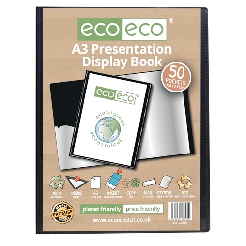 eco-eco A3 Size 50% Recycled 50 Pocket Black Presentation Display Book, Storage Case Portfolio Art Folder with Plastic Sleeves, eco199