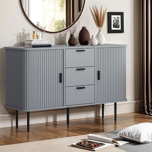 Galano Stanney Sideboard – 2 Sliding Doors with 3 Drawers – Modern Storage Cabinet with Adjustable Shelves – Space-Saving Organizer for Living Room or Hallway – Cool Grey