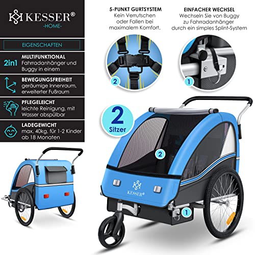 KESSER® Kinderanhänger Fahrradanhänger Sport-RX 2 in 1 Joggerfunktion Kinderfahrradanhänger + 5-Punkt Sicherheitsgurt 360Ḟ-Vorderrad Jogger Buggy Fahrrad Anhänger für 1 bis 2 Kinder max. 40kg, Blau