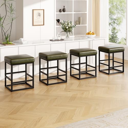 Image of Bar Stools Set of 3, 24in Counter Height Barstools, Faux Leather Counter Stools with Thick Square Seats & Sturdy Metal Base, Modern Bar Chairs for Kitchen Island (Green)