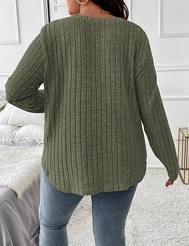 Image of Koscacy Women Plus Size Casual Knit Sweater V Neck Solid Color Tops Lightweight Long Sleeve Blouses