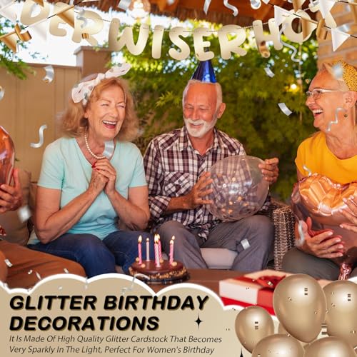 Image of Fulmoon Set of 3 Pre Strung Older Wiser Hotter Glitter Banner Funny Birthday Banner for Women 30th 40th 50th 60th 70th 80th Birthday Party Decorations Sign Gift(Shiny Champagne Gold)