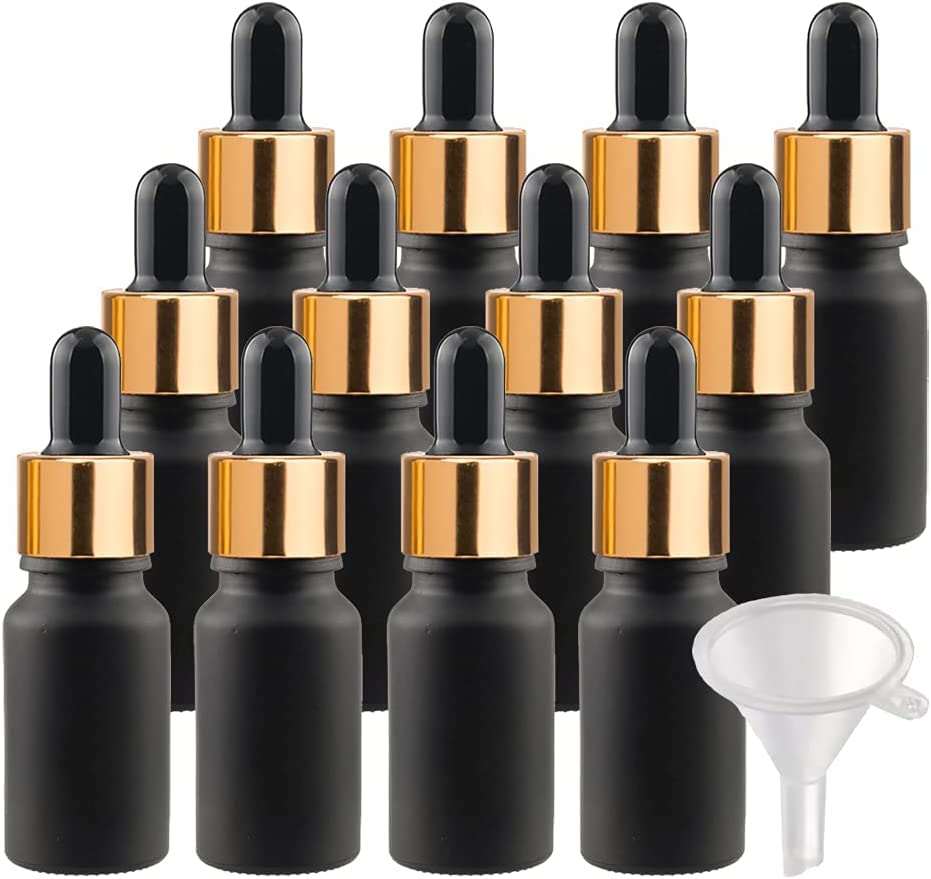 100 Stück 10ml Matt Schwarzglas Pipettenflasche, Leere Kleine Glasflasche mit Gold/Schwarz Pipette, Glaspipette Tropfflasche für ätherische Öle Aromatherapie