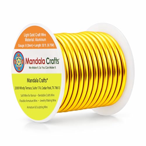 Image of Mandala Crafts 8 Gauge Anodized Aluminum Craft Wire for Jewelry Making - 32 FT Colored Flexible Light Gold Tone Wire - Bendable for Bonsai Armature Crafting Sculpting