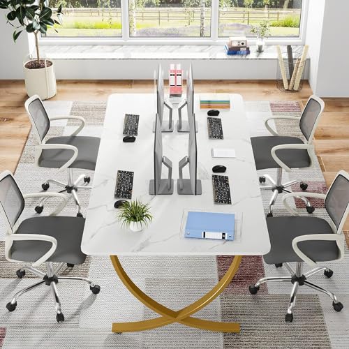 Image of Tribesigns Executive Desk, 63 inch W x 31.5 inch D Large Office Desk, Modern Computer Desk Conference Table Meeting Room Table, Business Furniture for Home Office, White and Gold