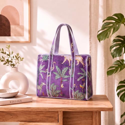Image of 100% Cotton Jungle Print Shoulder Bag Tote Bag Women Reversible Shopping Bag and Grocery Bags Stylish Travel Bag Gift for Her