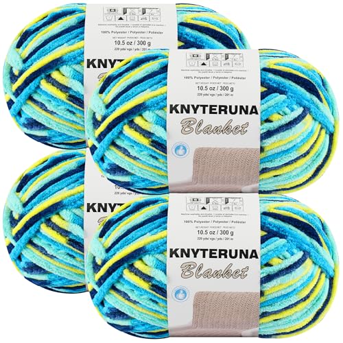 Image of #6 Super Bulky Blanket Yarn for Crocheting - 4 Skeins(Each 10.5oz /300g, 220yds /201m), Chunky Chenille Thick Plush Big Soft Yarn for Crocheting Knitting Blankets, Multi Blue & Yellow