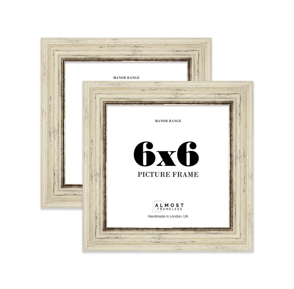 6x6 Picture Frame, Display 6x6 Pictures (15.2 x 15.2cm) - Distressed Cream Vintage 42mm Edge Wall Art - 2 Pack