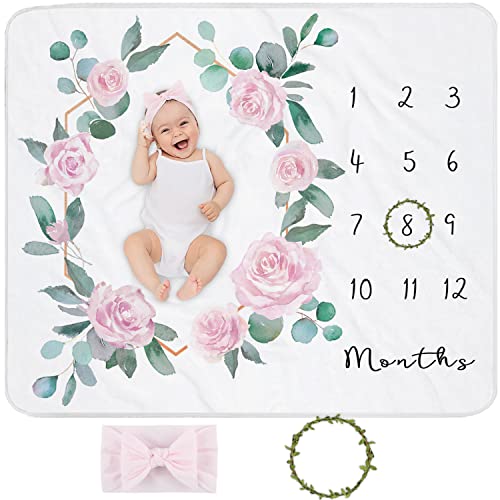 Image of Yoothy Baby Monthly Milestone Blanket for Baby Girl, Newborn Age Months Blanket Photo Prop with Growth Chart, Floral Wreath & Headband