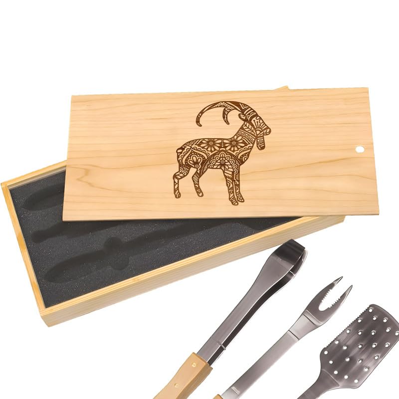 Kit parrillero con motivos cabra y caja grabada