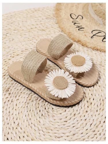OYOANGLE Girl's Floral Double Strap Linen Slide Sandals Open Toe Beach Vacation Straw Sandal3