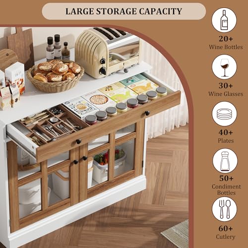 GarveeHome 35.4" Sideboard Buffet Cabinets with Glass Door, Buffet Cabinet with Storage, White&Brown Sideboard Cabinet with Drawer, Modern Buffets & Sideboards for Dining Room, Kitchen