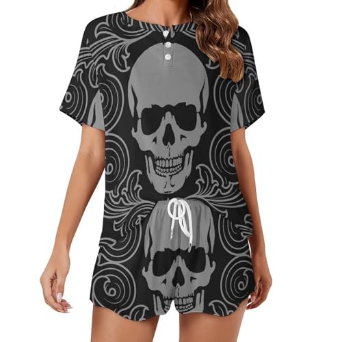 Pyjama pour femme manches courtes noir imprimé crâne en coton léger d'été