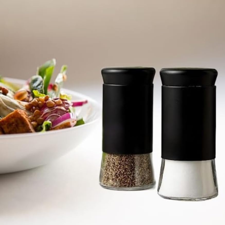 Image of Salt Shaker for Professional Chef - Stainless Steel Salt and Pepper Shaker, Moisture-Proof Holder Seasoning Condiment Set with Glass Bottom Spice Dispenser (Pack of 2, Black)