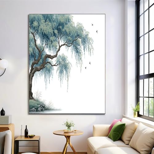 Lienzos decorativos de pared de alta calidad con sauces y pájaros volando estilo oriental