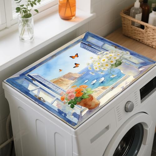 GLOBLELAND Sommer Fensterblick Waschmaschinenauflage 60x60cm Blumen Schmetterlings Schnelltrocknend Trockner Auflage Zuschneidbare Universal Waschmaschinenabdeckung für Waschmaschine Trockner Bäder