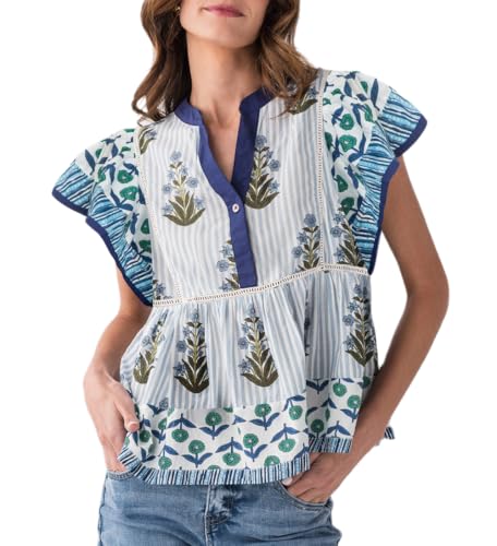 Women Boho Short Sleeve Shirt Ruffle Sleeve V Neck Blouse Top Cute Floral Printed Loose Peplum Babydoll Tops