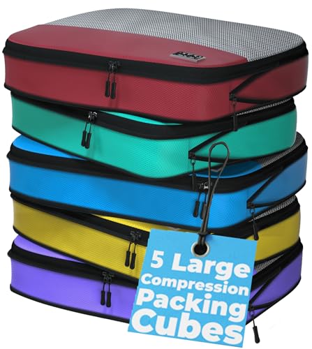 Image of Large Packing Cubes for Travel - 5pc Packing Cubes for Suitcases - Lightweight Luggage Organizer Bags (Compression)