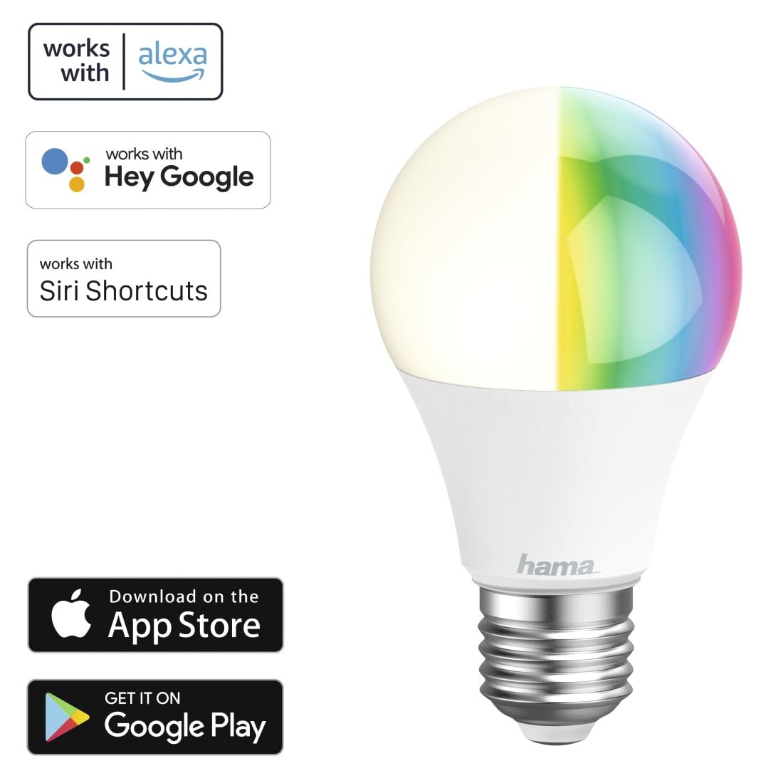 Hama WLAN LED Lampe E27 3er Set (Smart Home Lampe 8,5W Glühbirne, dimmbar, mehrfarbig RGBW, WIFI LED Lampe mit Sprachsteuerung und App, kompatibel mit Alexa, Google, Siri, Apple, kein Hub nötig)