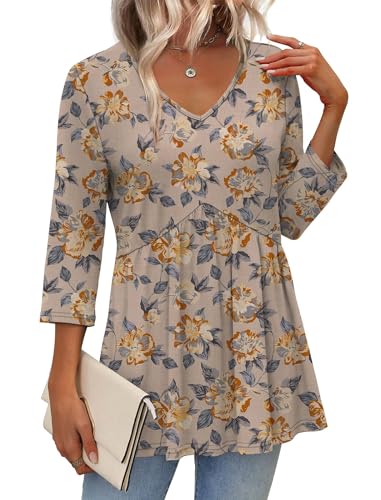 Image of OFEEFAN 3 /4 Length Sleeve Womens Tops 2026 Blouses for Women Dressy Casual Fashion Clothing V Neck Babydoll Tops Fall Outfits