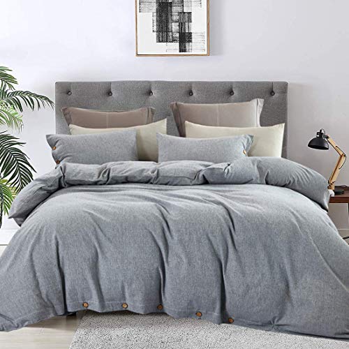 ESLITE LIFE Cotton & Linen Grey Duvet Cover Queen Set Ultra Soft Comforter Cover with Button Closure Quilt Cover Bedding Sets Queen Size for Home,Hotel Collection