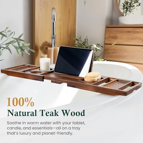 Teak-Bathtub-Tray-Caddy-Adjustable-Wood-Bath-Organizer-Rich-Brown-Wood-Finish-Built-In-Wine-Glass-Holder-Phone-Dock-Book-Stand-Water-Resistant-Seal-Spa-Design