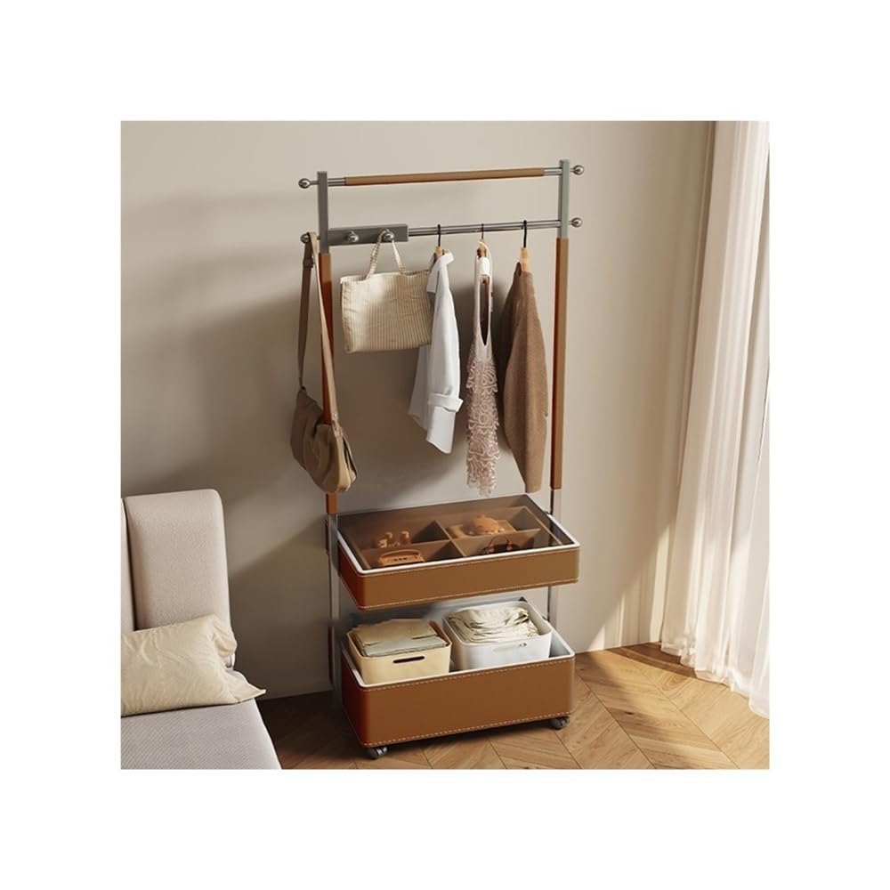 Clothes Rack Movable Coat Rack Bedroom Floor Stainless Steel Leather Storage Bedside Table Integrated Hanger with Storage for