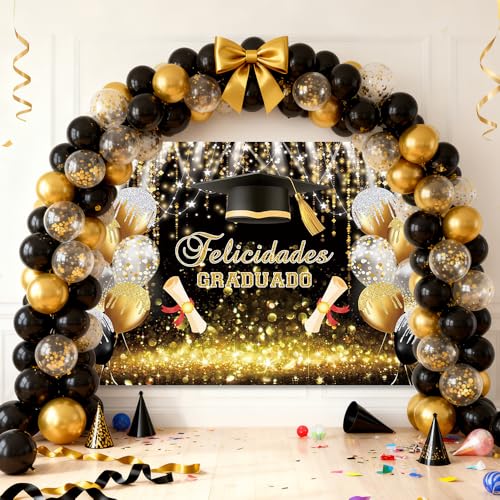 AIBIIN fondo graduación 7x5ft negro y dorado miniatura 7