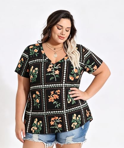 Image of RITERA Women Plus Size Tops Tie Dye V Neck Shirt Floral Camo Summer Short Sleeve Tunic Oversized Ladies Blouse XL-5XL