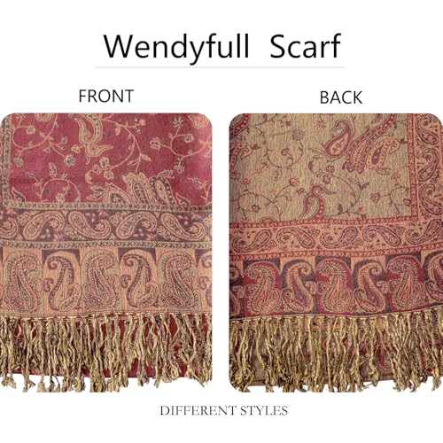 Pashmina Rave Shawl Wraps Scarf For Women w/Fringes Soft Silky Reversible Paisley Scarf For Wedding Gifts Festival (Dark Red)3