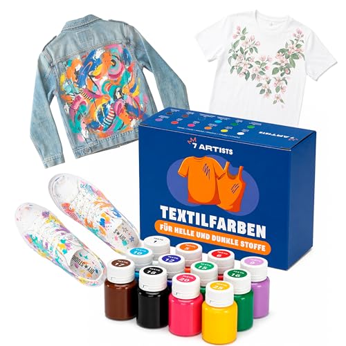 7 Artists Textilfarbe Waschmaschinenfest Set – 12 x 20 ml Stoffmalfarben Waschfest für Kleidung, Sneaker & Leder | Permanent Textilfarbe ohne Bügeln | Stofffarbe für T-Shirt, Jeans & Taschen