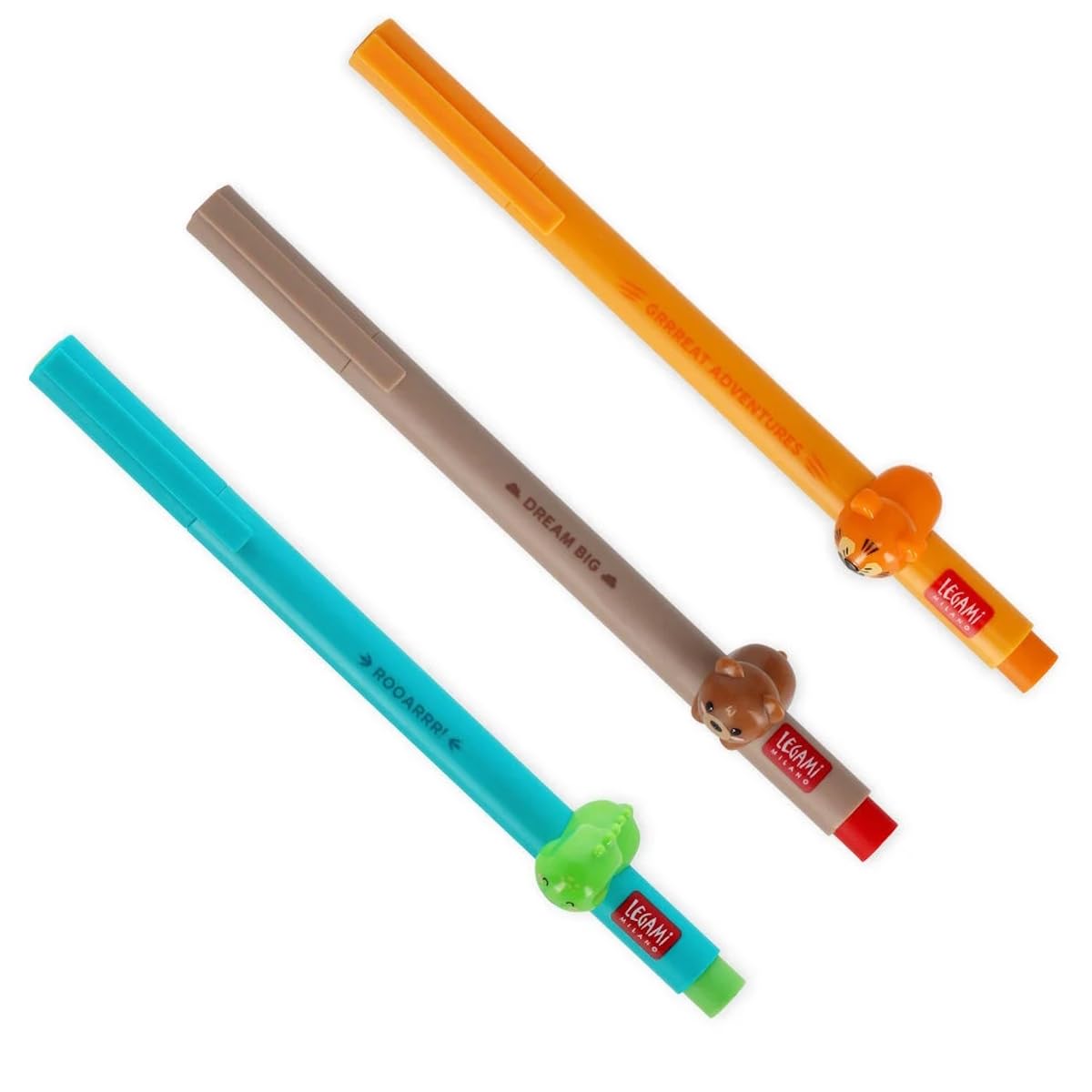 LEGAMI Gel Pen - Lovely Friends Decorative Animal Removable and Recombinable Prevents Rolling Fine 0.5mm Tip Set of 3 DINO, TIGER and TEDDY (WILD)