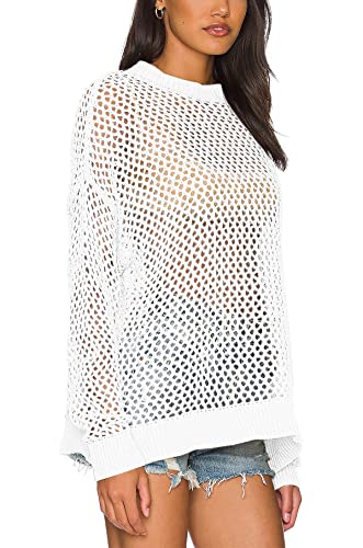 Ebifin Womens Crochet Tops Long Sleeve Beach Summer Sweater Crew Neck Mesh Cover Ups Bikini Swimsuit Tunic Pullover Tops White - image 2