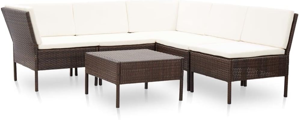 vidaXL Outdoor Patio Lounge Set with Cushions - 6 Piece, Poly Rattan, Brown, Modular Design, Weather-Resistant, Comfortable and Modern Seating.
