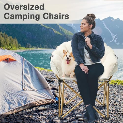 HOMEFUN Padded Camping Chair, Oversized Folding Chair with Carry Bag, Indoor & Outdoor Portable Fluffy Comfy Chairs for Adults Heavy Duty Supports 400 Lbs for Lawn XL, White