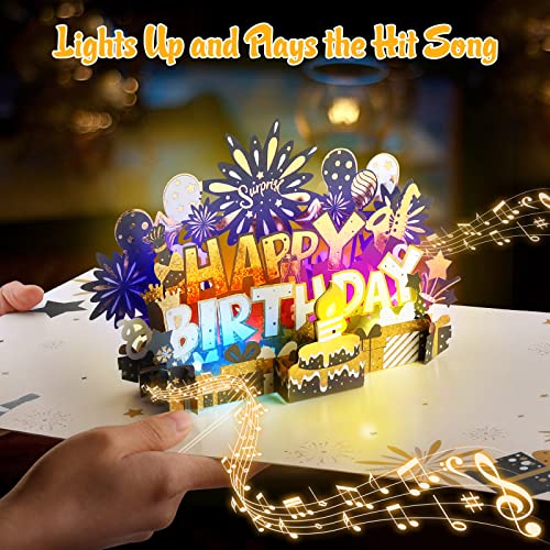 Image of INPHER Large Birthday Card Blow Out Candle Light and Music Pop Up Happy Birthday Card Musical Birthday Gift Greeting Cards Birthday Cards for Mom, Dad, Husband, Wife, Sister, Navy Blue