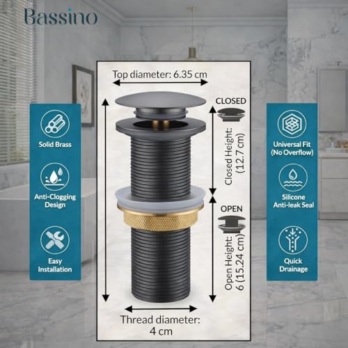 Image of BASSINO Premium 6 Inch Brass Waste Coupling /Washbasin Drainer /Rust-Proof Pop-Up for Basin /Drain Stopper for Tabletop, Wall-Mount & Pedestal Wash Basins(Matt Grey)