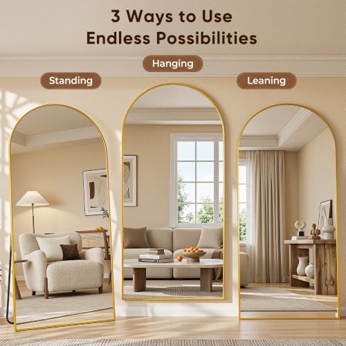Image of Full Length Mirror, 41 inchx81 inch Arched Floor Mirror Freestanding, Floor Standing Full Body Mirror with Stand for Bedroom, Hanging Mounted for Living Room Cloakroom, Gold