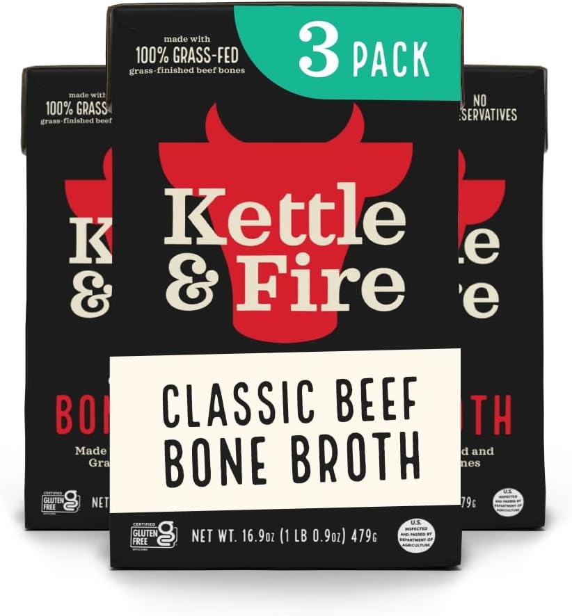 Kettle and Fire Mushroom Chicken, Beef, and Chicken Bone Broth Collagen Variety Pack, Keto, Paleo, and Whole 30 Approved, Gluten Free, High in Protein and Collagen, 3 Pack