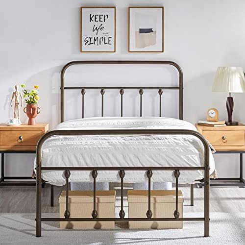 YaheetechClassic Metal Platform Bed Frame Mattress Foundation with Victorian Style Iron-Art Headboard/Footboard/Under Bed Storage/No Box Spring Needed/Twin XL Size Bronze