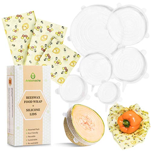 Aristomache Beeswax Wraps and Silicone Lids, Eco Friendly, Reusable Beeswax Food Wraps and Covers, Sustainable Plastic Alternative, Zero Waste, Assorted 3 Pack Food Wraps + 6 Pack Silicone Lid Covers
