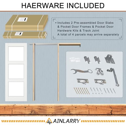 Image of 72 inch x 80 inch (Double 36 inch x 80 inch) 6-Lite Clear Glass Pocket Door, Soft-Close Sliding Pocket Door with Frame & Hardware Kit Set, Primed All-Inclusive Interior Door Slab for Home, White, Need to Assemble